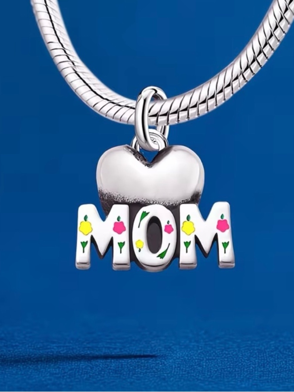 Silver 'MOM' Heart Charm Pendant with Colorful Enamel Flowers